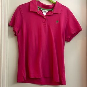 Lilly Pulitzer size Large pink polo with green palm tree.